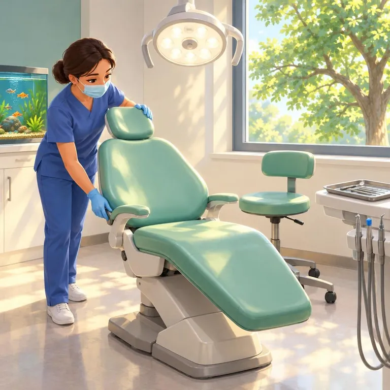 Una silla de dentista verde menta bajo una luz redonda en un consultorio luminoso.