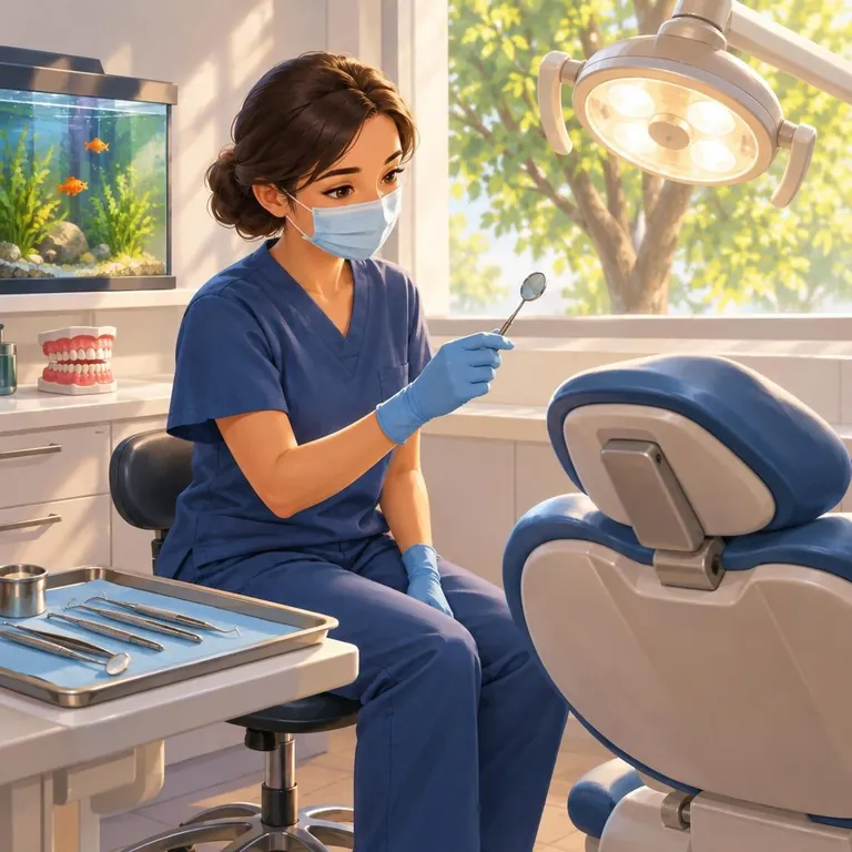 El dentista sostiene un espejito junto a la silla, con la luz inclinada hacia abajo.