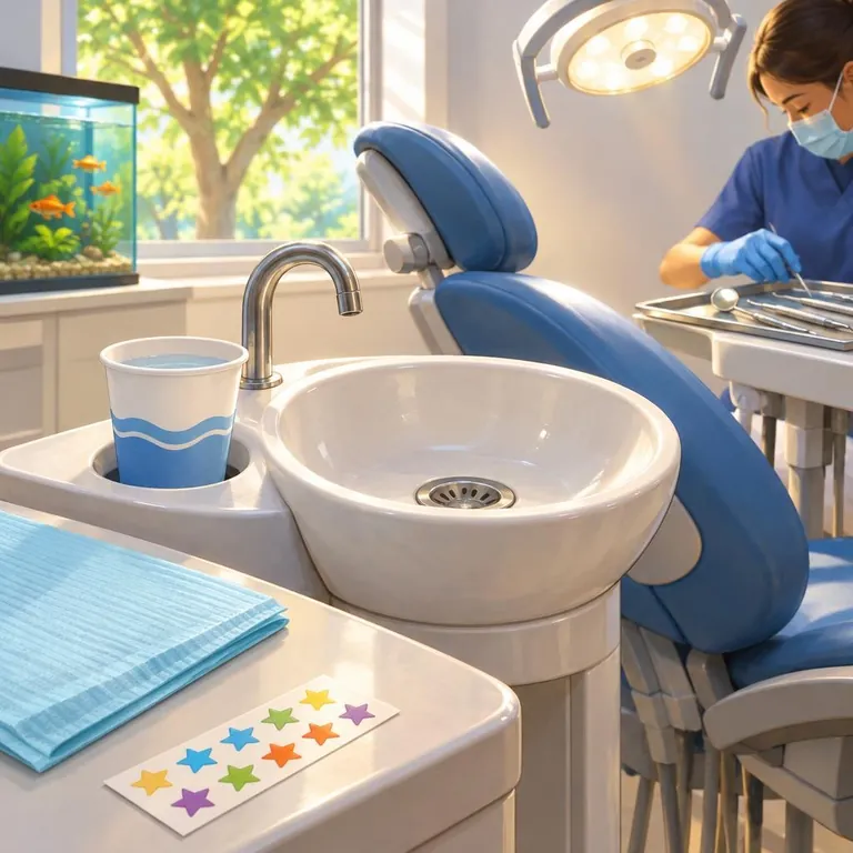 Un vasito de agua junto al lavabo de enjuague al lado de la silla del dentista.
