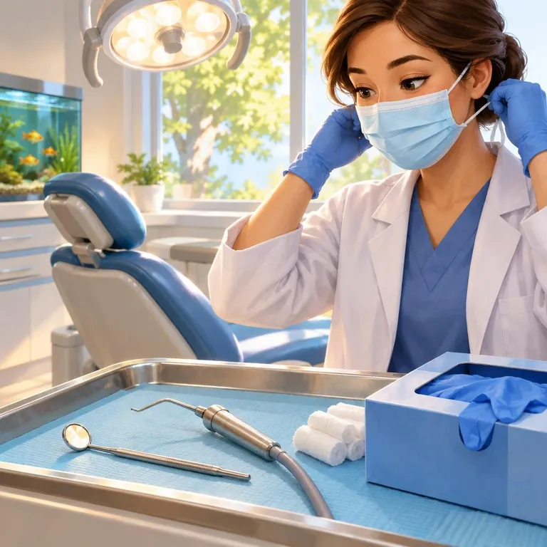Una bandeja con un espejito dental, algodones y guantes azules.