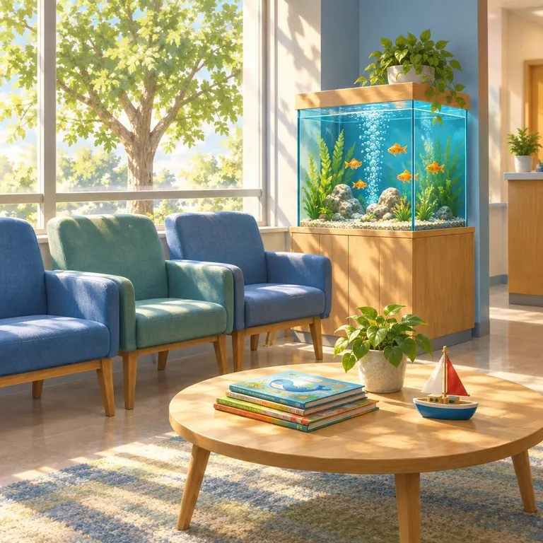 Una sala de espera dental con sillones suaves y una pecera.