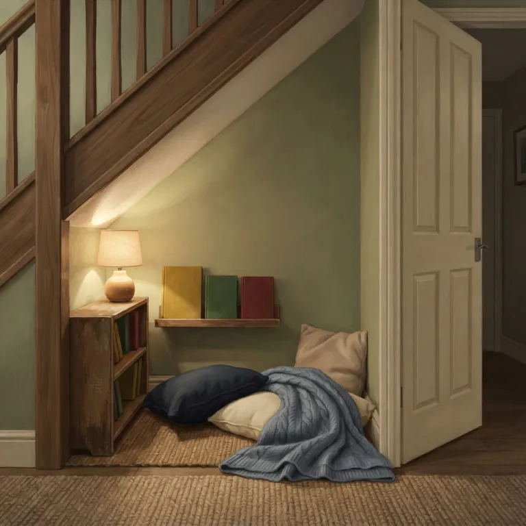 Eine ruhige Leseecke unter der Treppe mit Kissen und kleiner Lampe.