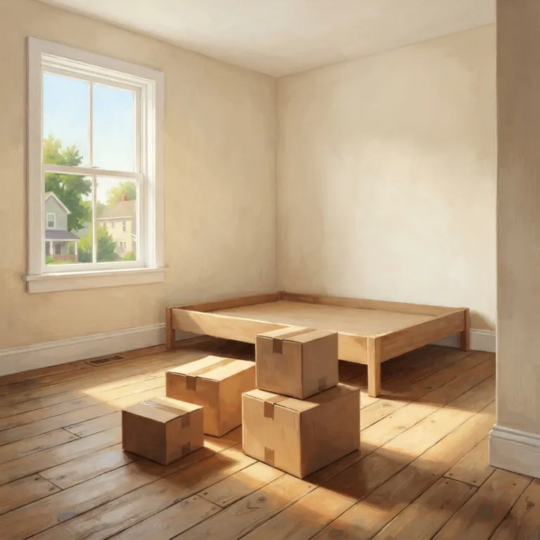 Un dormitorio vacío con la estructura de la cama sin colchón y algunas cajas.