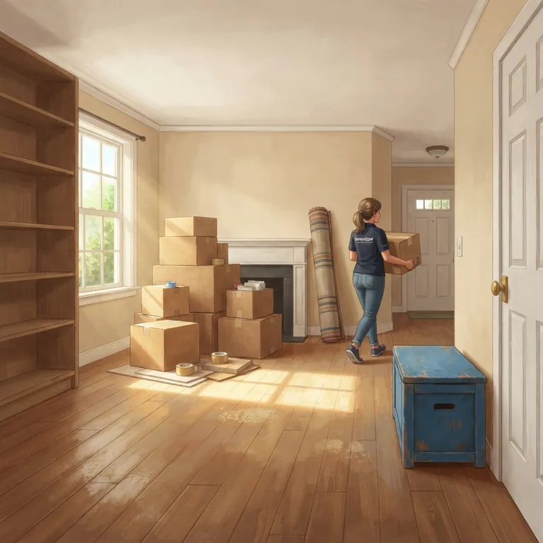 Una sala de estar vaciándose con cajas de cartón apiladas y una alfombra enrollada.