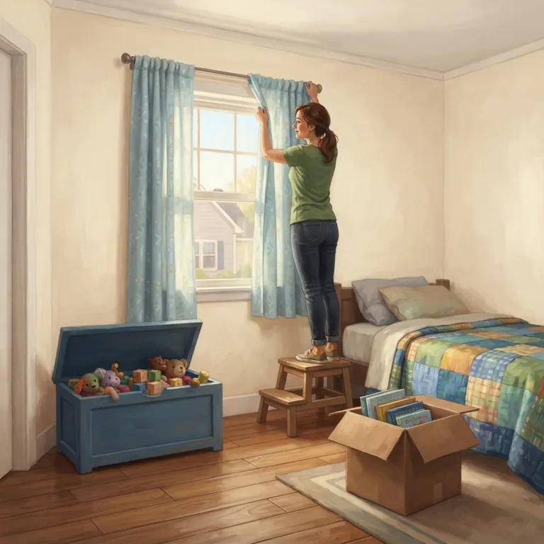 Un dormitorio a medio desempacar con la caja azul de juguetes abierta.