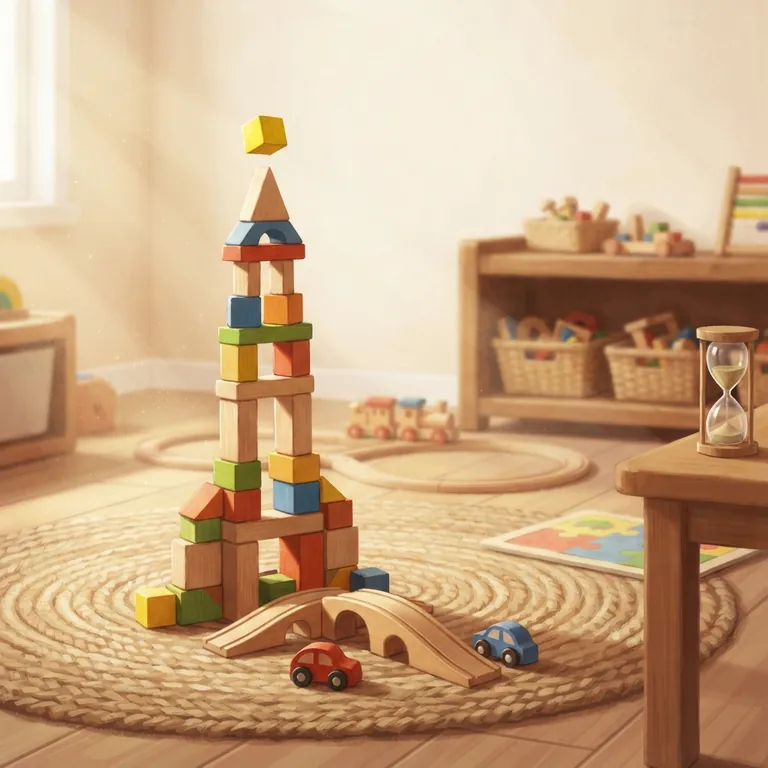 Una torre alta di cubi con un ponticello giocattolo e due macchinine.