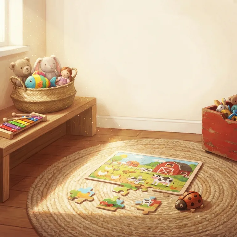 Un puzzle a metà e un cesto di peluche sul tappeto.