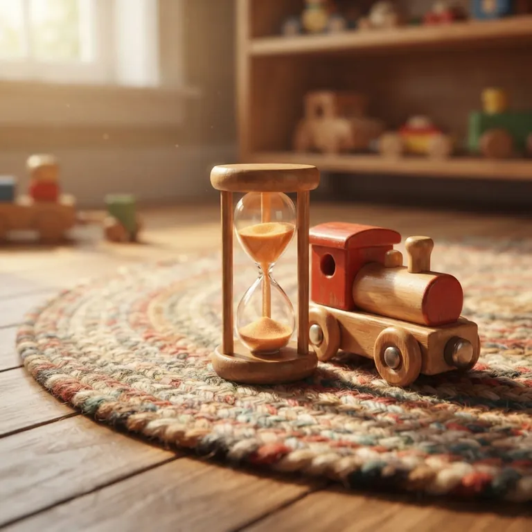 Una piccola clessidra accanto a un trenino di legno.