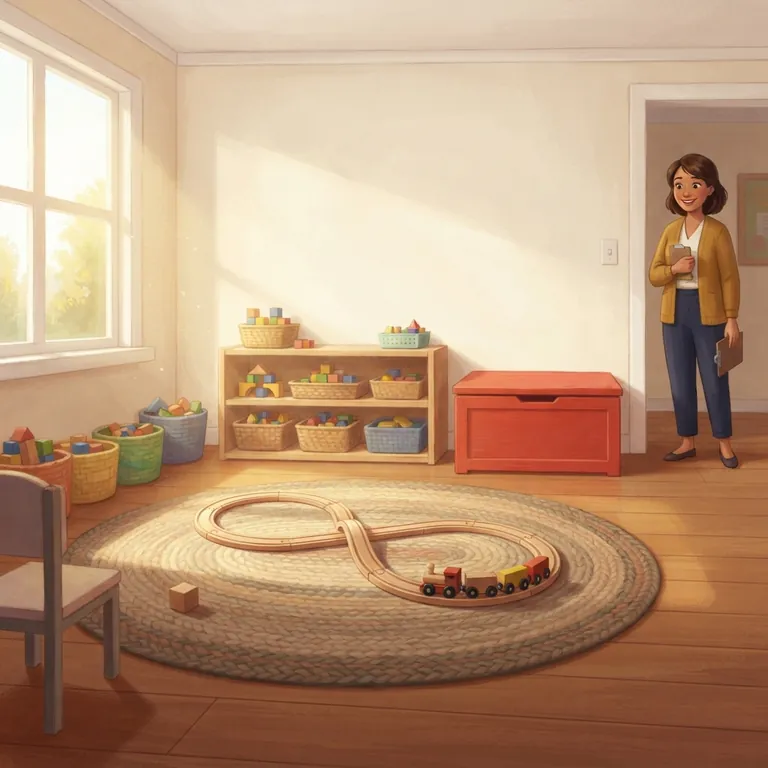 La stanza dei giochi in ordine con i giochi nei cesti e la scatola rossa chiusa.