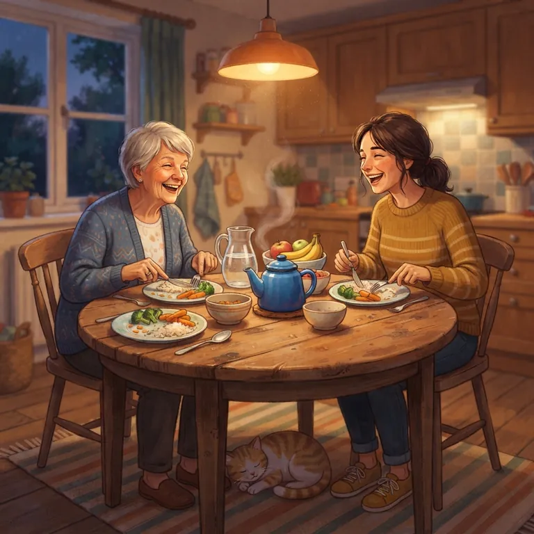 La mesa familiar al final de la cena con los adultos riendo.