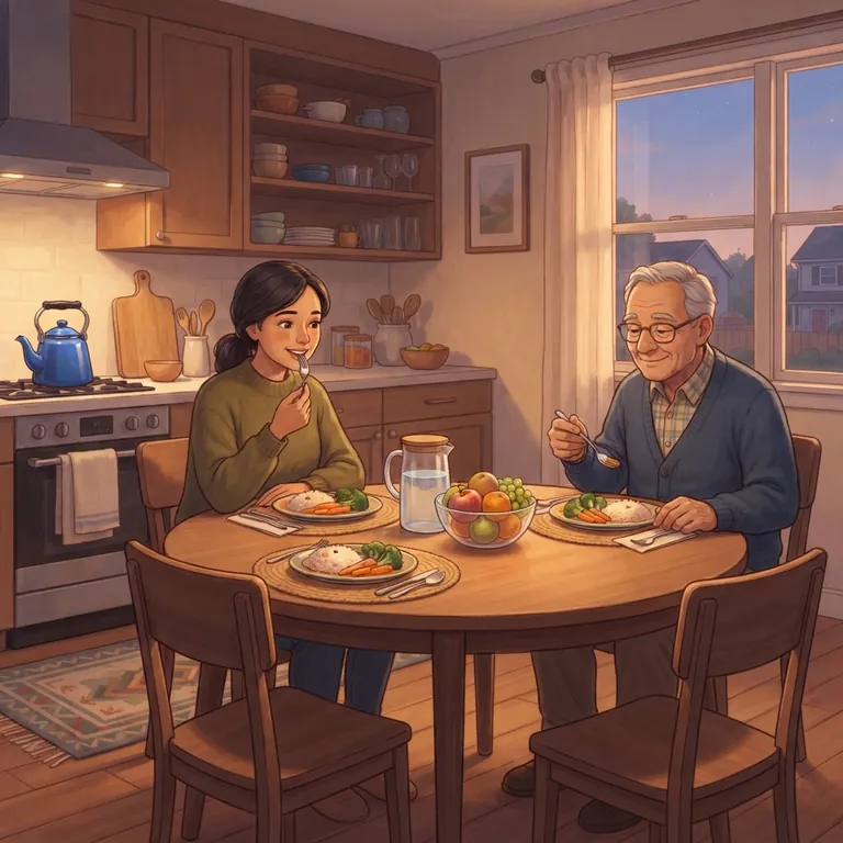 Una cocina cálida con una mesa redonda de madera puesta para la cena.