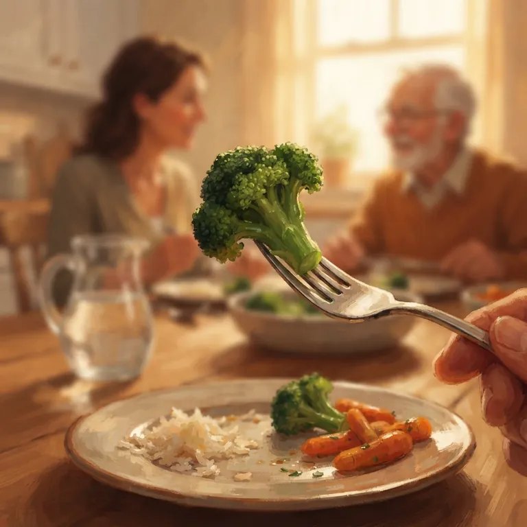 Un ramito de brócoli en un tenedor pequeño, de cerca.