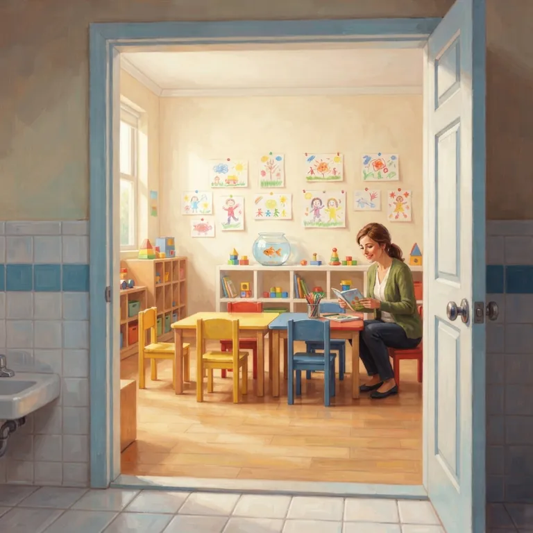 The bright classroom seen from the restroom door.