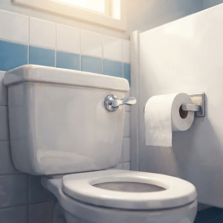 The silver flush handle on a small toilet tank.