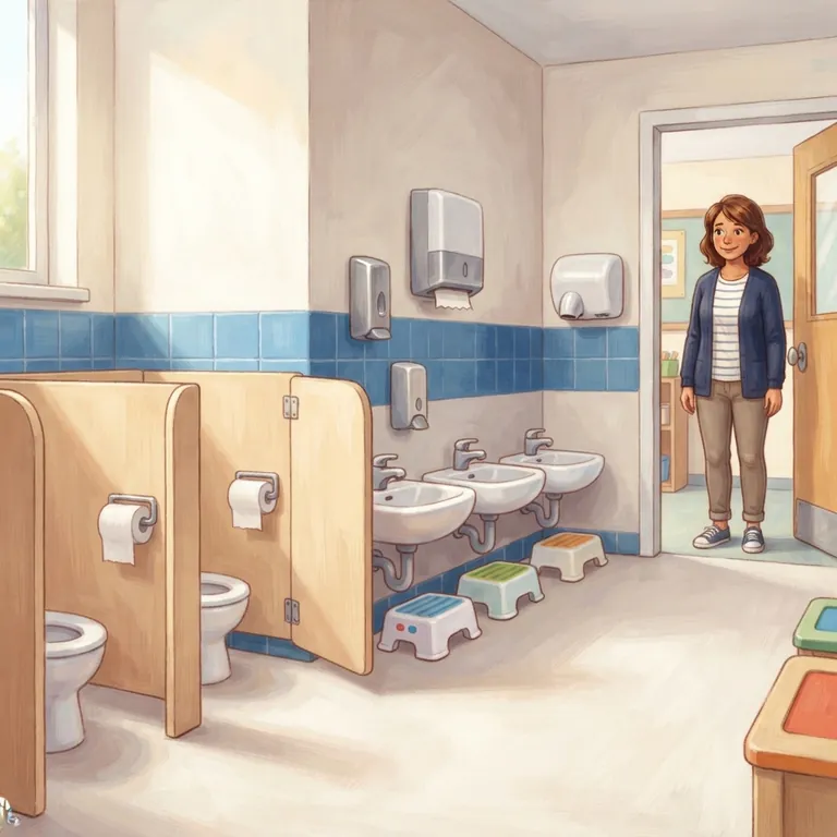 A bright preschool restroom with two low stalls and small sinks.
