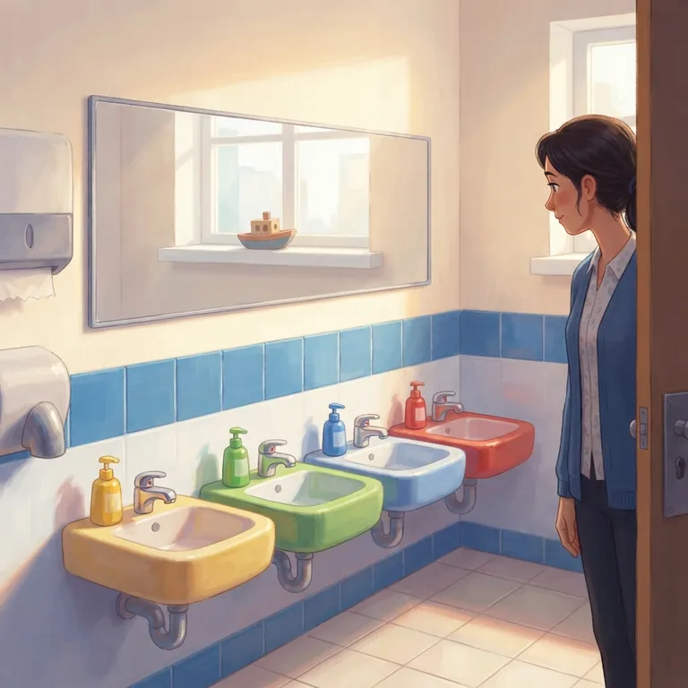 A row of low sinks with soap pumps and small taps.