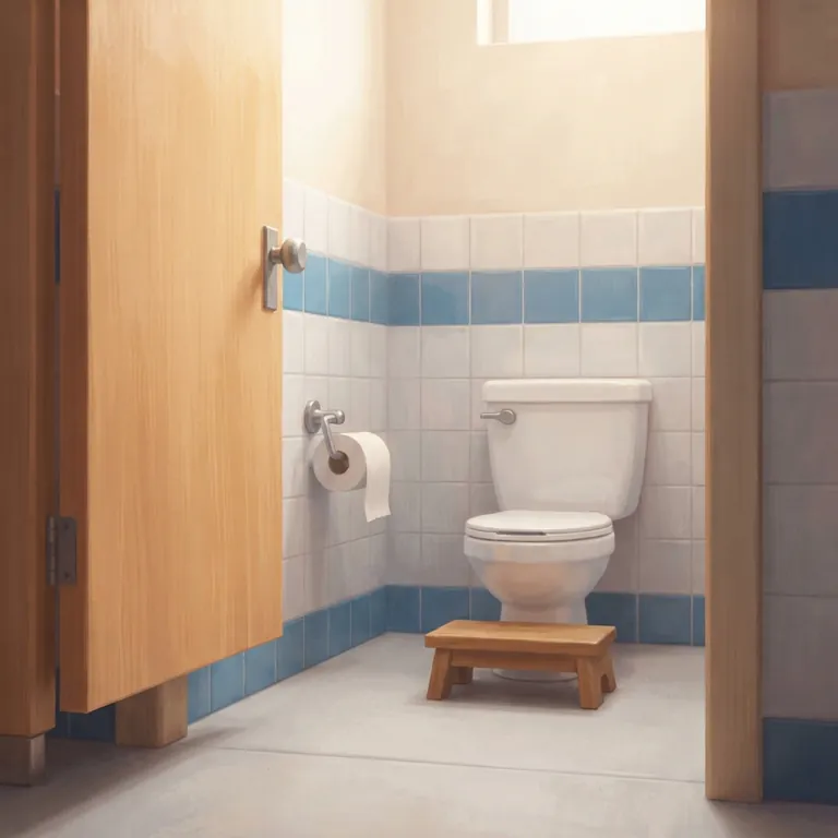 An open stall with a small clean toilet and a toilet paper roll.