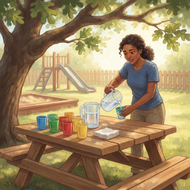 La maestra sirviendo agua en una fila de vasos de merienda sobre la mesa de picnic.