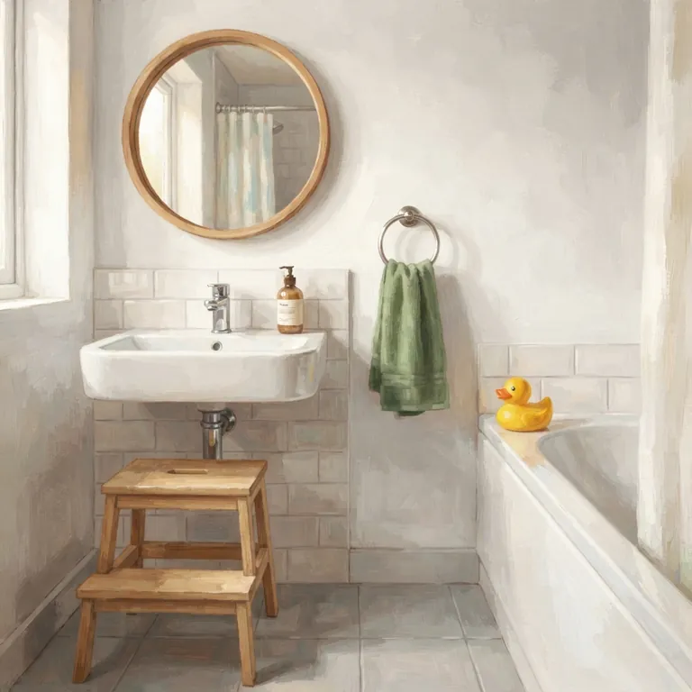 Ein kleines Badezimmer mit weißem Waschbecken, Hocker und rundem Spiegel.